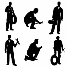 Repairman With Wrench Silhouette Vector Set, On White Background