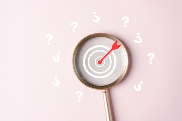 Aufkleber - Magnifier focus to target solution target which among question icon, successful business and thinking solution strategy concept.