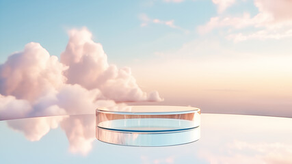 glass podium on crystal water surface on tender sunset sky background. show case for natural cosmeti