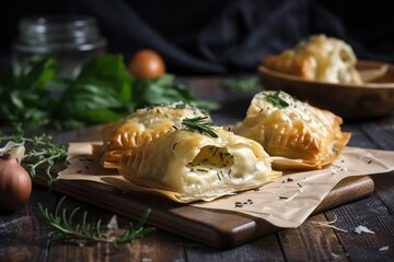 Wall Mural - ravioli-style flaky puff pastries with filling of cheese and herbs, created with generative ai
