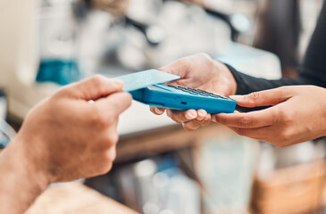 Wall Mural - Machine, credit card and hands paying in a shop, cafe or restaurant for a bill with technology. Contactless payment, electronic transaction and closeup of a customer tapping at a teller at checkout.