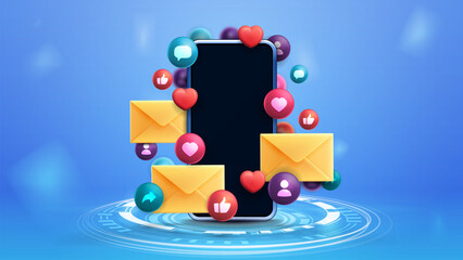 Smartphone on hologram podium surrounded with floating social network elements on blue background.