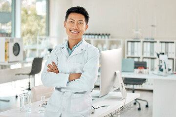 Canvas Print - Happy, pride and portrait of a scientist with arms crossed for science, research and medical innovation. Smile, expert and an Asian man in a lab for biotechnology, futuristic medicine and physics