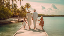 Happy Family With Two Kids Walking On Wooden Pier At Tropical Beach Resort. Generative AI.