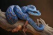 Blue viper snake on branch, viper snake, blue insularis, hyperrealism, photorealism, photorealistic