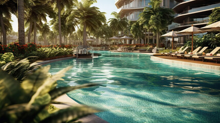 Swimming pool in luxury hotel resort with palm trees and deck chairs. Generative AI.