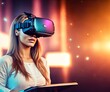 © Pictures Paradise - Portrait young Woman with VR Glasses in a virtual room.