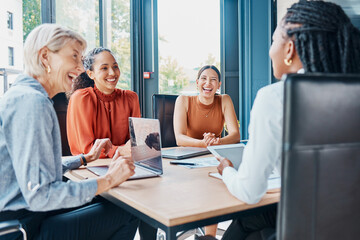 Leinwandbilder - Laughing, planning business and women in a meeting for strategy, teamwork and a workforce team. Happy, office and diversity with people at work for a corporate collaboration and coworking together
