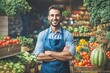 © Pictures Paradise - Portrait of a happy greengrocer standing in front of the vegetables. Happy attractive man owner in apron. Grocery. Copy space text. Ai generative