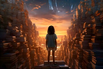 Child standing among many books against the background of sunset. Study concept. View from behind. Generative ai