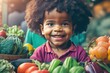 © Pictures Paradise - Happy African American black little boy with fruits.Portrait of a happy greengrocer standing in front of the vegetables.Grocery. Copy space text.