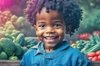 © Pictures Paradise - Happy African American black little boy with fruits.Portrait of a happy greengrocer standing in front of the vegetables.Grocery. Copy space text.