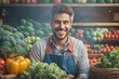 © Pictures Paradise - Portrait of a happy greengrocer standing in front of the vegetables. Happy attractive man owner in apron. Grocery. Copy space text. Ai generative