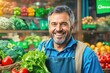© Pictures Paradise - Portrait of a happy greengrocer standing in front of the vegetables. Happy attractive man owner in apron. Grocery. Copy space text. Ai generative