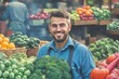 © Pictures Paradise - Portrait of a happy greengrocer standing in front of the vegetables. Happy attractive man owner in apron. Grocery. Copy space text. Ai generative