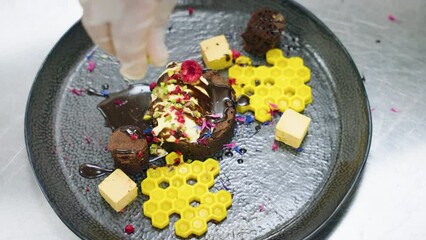 Wall Mural - Closeup of a chocolate pudding cake piece with fruits and cream