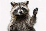 Fototapeta Zwierzęta - Portrait of a funny raccoon showing a rock gesture isolated on white background. JPG, hyperrealism, photorealism, photorealistic