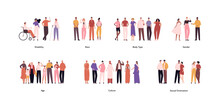 Diversity And Inclusion Concept. Vector Flat Character Illustration. Multi Culture, Ethnic, Disability, Body Type, Different Gender And Sexual Orientation, Various Age Happy Male And Female People Set
