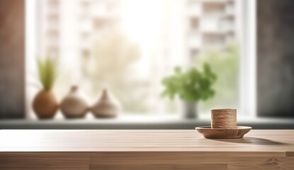 empty wooden table with blurred modern apartment interior with aesthetic object decoration, generative ai generated