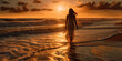 © Maria - Silhouette of slim woman in dress walking on sea beach. during sunset or sunrise. Generative AI.
