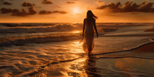 Silhouette Of Slim Woman In Dress Walking On Sea Beach. During Sunset Or Sunrise. Generative AI.