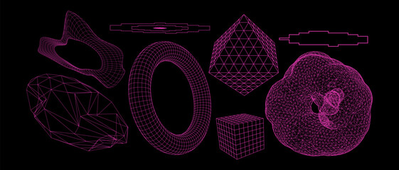Geometry wireframe shapes and grids. Abstract, cyberpunk, 3D elements, backgrounds, patterns in trendy Brutalism style, neon color, 00s Y2k retro futuristic aesthetic