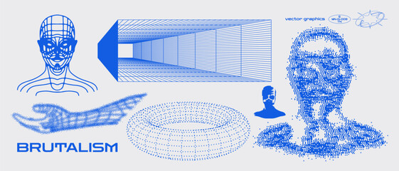 Geometry wireframe shapes and grids. Abstract, cyberpunk, 3D elements, backgrounds, patterns in trendy Brutalism style, neon color, 00s Y2k retro futuristic aesthetic