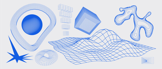 geometry wireframe shapes and grids. abstract, cyberpunk, 3d elements, backgrounds, patterns in tren