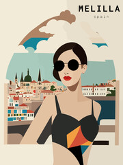 Wall Mural - Melilla: Beautiful vintage-styled poster of with a woman and the name Melilla in Spain