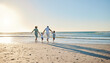 © Kirsten D/peopleimages.com - Family, beach walking and holding hands with mother, father and kids by the ocean on holiday. Vacation, love and parent care with mockup in summer outdoor with mom, dad and children by sea having fun