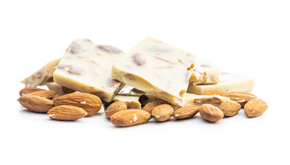 Poster - White chocolate bars with almonds isolated on white background.