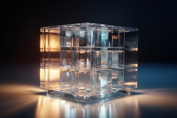 Transparent glass cube illuminated with light and reflects colorful light. Glass cube geometric shapes with light diffraction of spectrum colors and complex reflection background. Generative AI