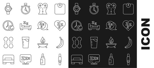 Poster - Set line Smartwatch, Banana, Sleepy, Women waist, Time to sleep, and icon. Vector