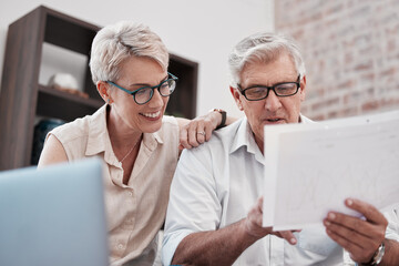 senior couple, laptop and document for financial planning, savings and taxes in home. retirement, pa