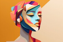 Beauty, Fine Art, Fashion Concept. Abstract Modern Art Collage Of Woman Portrait Made Of Various And Colorful Geometric Shapes. Generative AI