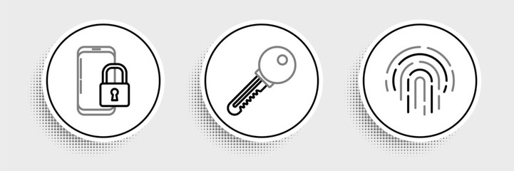 Poster - Set line Fingerprint, Smartphone with closed padlock and Key icon. Vector