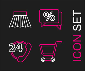 Wall Mural - Set line Shopping cart, Telephone 24 hours support, Discount percent tag and Skirt icon. Vector