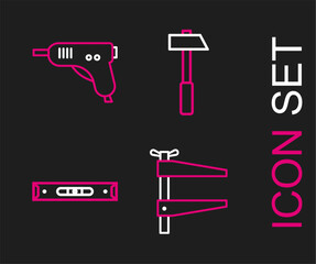 Sticker - Set line Clamp tool, Construction bubble level, Hammer and Electric hot glue gun icon. Vector