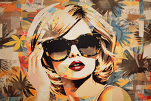 Stylish Retro Poster With Beautiful Young Lady Wearing Sunglasses On Summer Background With Newspapers, Magazines And Palm Trees. Fashion Pop Art Woman Portrait Illustration And Collage. Generative AI