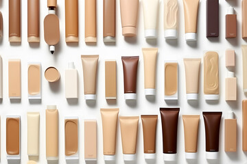 Wall Mural - Makeup liquid foundation, beige concealer smears set. Light brown cosmetic make up base cream swatch smudge isolated on white background. BB CC cream texture. Neural network AI generated Generative AI