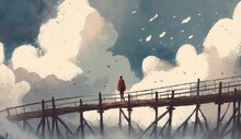 Man Standing On Old Bridge In Clouds, Illustration Painting, Generative AI