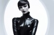 © bluebeat76 - High fashion glamour stylish beautiful young model in black latex clothing on white background. Studio Shot. Generative AI