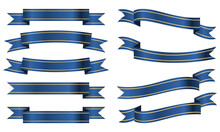 Silk Blue Ribbons And Labels Collection. Satin Blank Banners Collection. Ribbons Collection. Banner Symbol Set. Vector Illustration