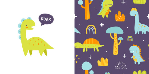Wall Mural - cute jurassic pattern set with dino and plants. seamless vector print collection with abstract dinos