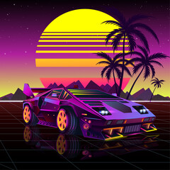 Retro futuristic sports car on the background of the landscape of the night city and palm trees