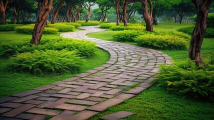 Landscaping of the garden. path curving through Lawn with green grass and walkway tiles.,path in the garden.Ai generative