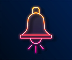 Sticker - Glowing neon line Ringing alarm bell icon isolated on black background. Fire alarm system. Service bell, handbell sign, notification symbol. Vector