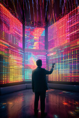 Poster -  A digital visualization of stock market chart lines in a virtual reality environment, immersing the viewer in an interactive and dynamic representation of financial data. Generative AI technology.