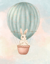 Watercolor Drawing Of A Cute White Rabbit Flying On A Blue Hot Air Balloon, Birthday Card