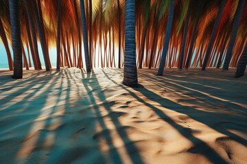 Leinwandbilder - An abstract photograph of palm tree shadows cast on a sandy beach, capturing the interplay between light and dark and creating a sense of tranquility.  Generative AI technology.